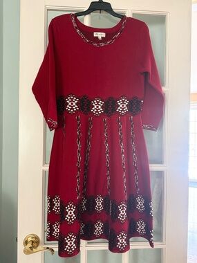 Neiman Marcus Burgundy Long-Sleeve A-Line Dress with Black & White Lace Accents